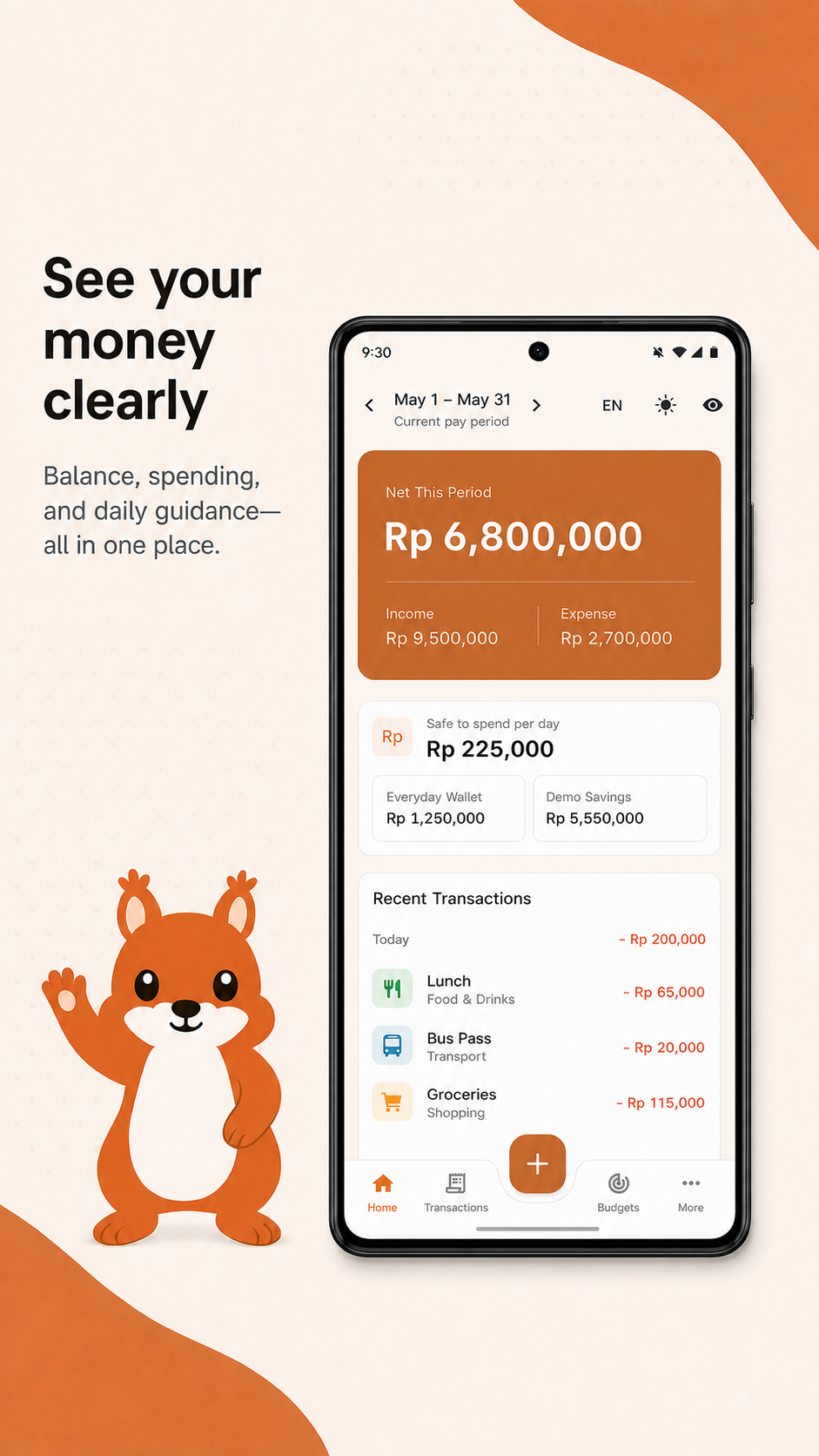 Squirio home screen showing the current pay period, balance, spending guidance, wallets, recent transactions, and Squi waving.